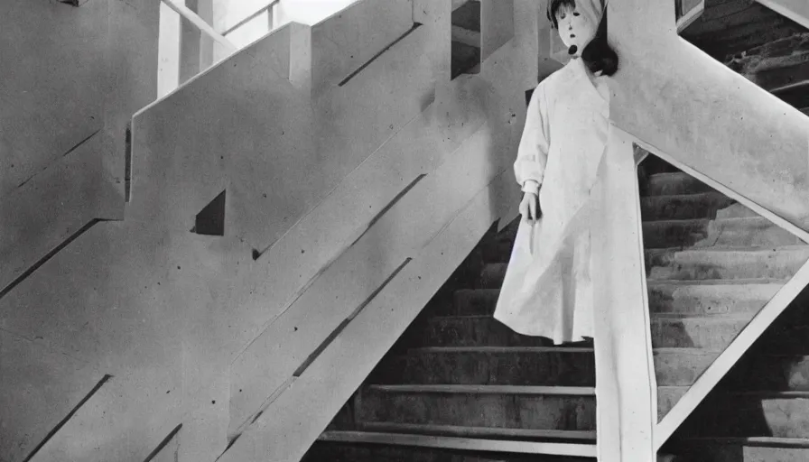Prompt: 60s movie still of a white japanese female phantom bloody in an infinite stair, eastmancolor, heavy grain, high quality, higly detailed, liminal space