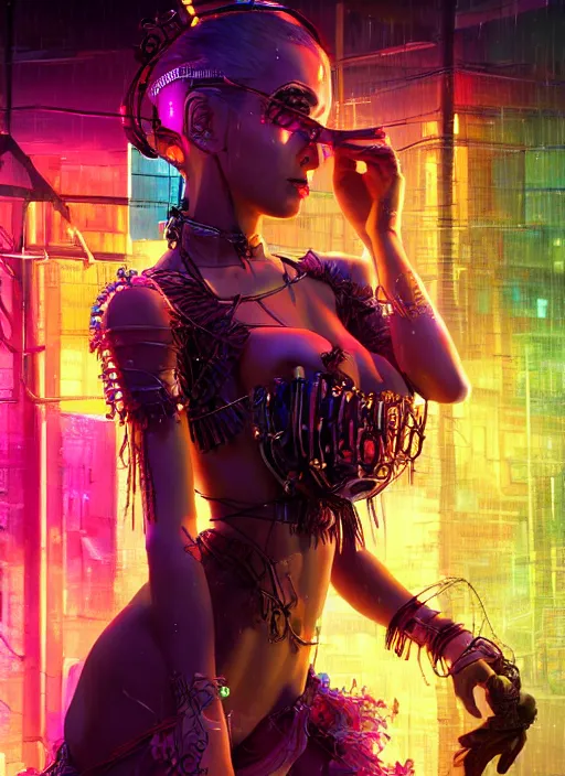 Prompt: An epic fantasy comic book style portrait painting of a very beautiful cyberpunk Hula Dancer in the rain, neon reflections, character design by Mark Ryden and Pixar and Hayao Miyazaki, unreal 5, DAZ, hyperrealistic, octane render, cosplay, RPG portrait, dynamic lighting, intricate detail, cinematic