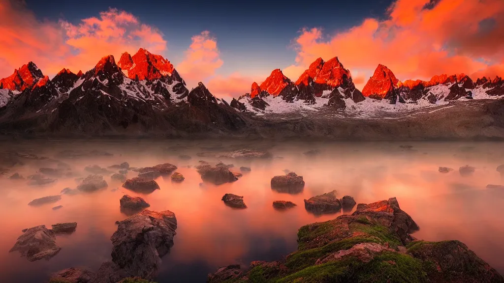 Image similar to amazing landscape photo of mountains with lake in sunset by marc adamus, beautiful dramatic lighting