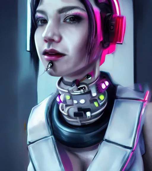 Image similar to detailed realistic female character cyberpunk wearing thick technological collar around neck, realistic, art, beautiful, 4K, collar, choker, collar around neck, punk, artstation, detailed, female, woman, choker, cyberpunk, neon, punk, collar, choker, collar around neck, thick collar, tight around neck, punk,