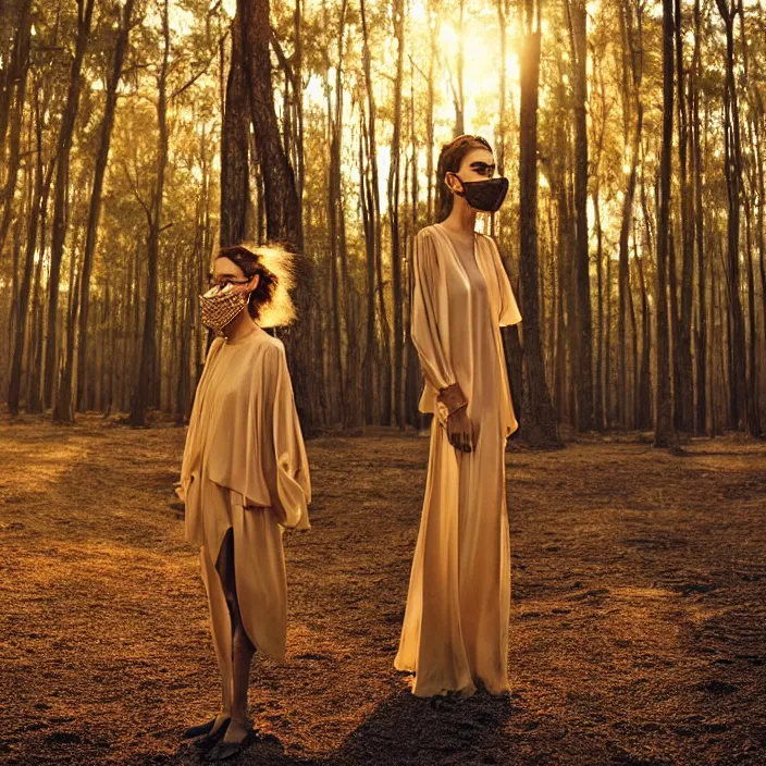 Prompt: a woman with a mask made of sand standing in a forest, golden hour, vogue magazine