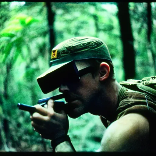 Prompt: film still, extreme far view, ryan gosling, jungle, vietnam door gunner, apocalypse now, associated press, 2 6 mm, kodak ektachrome, blue tint expired film