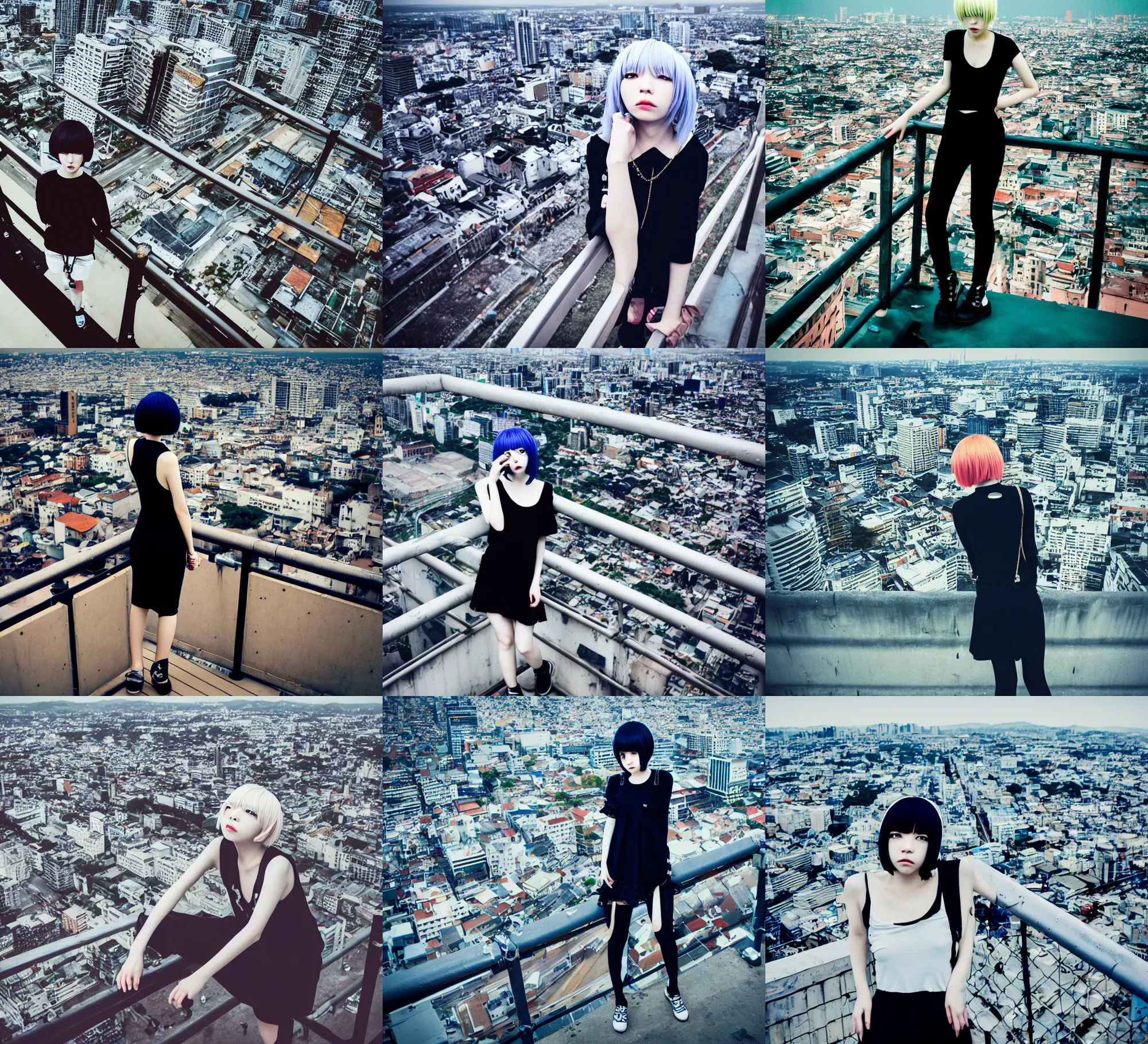 Prompt: lomography, full body portrait photo of women like reol from a distance wearing casual clothes looking down at the city from above, guardrail, realistic, dynamic perspective pose, skin tinted a warm tone, hdr, rounded eyes, detailed facial features, blue black gold