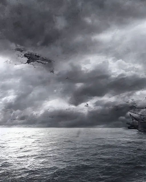 Prompt: establishing shot of a fishing boat on stormy seas, a gigantic star destroyer spaceship flying overhead | the star destroyer spaceship is emerging from storm clouds, stormy weather, dramatic lighting, unreal engine, hyper realism, realistic shading, cinematic composition, realistic render, octane render, detailed textures, photorealistic, ultrawide shot, 1 6 mm lens