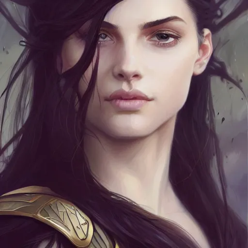 Image similar to a portrait of an attractive young woman, clothed in battle armor, olive skin, long dark hair, beautiful bone structure, symmetrical facial features, intricate, elegant, highly detailed, digital painting, trending on Artstation, concept art, smooth, sharp focus, illustration, in the style of artgerm and greg rutkowski and alphonse mucha