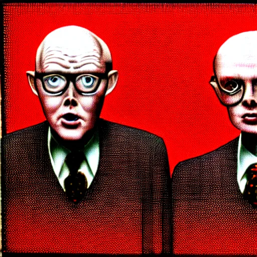 Prompt: image of gilbert and george being possessed by the ghost of alan turing, chromatic aberration, noise, butcher billy style