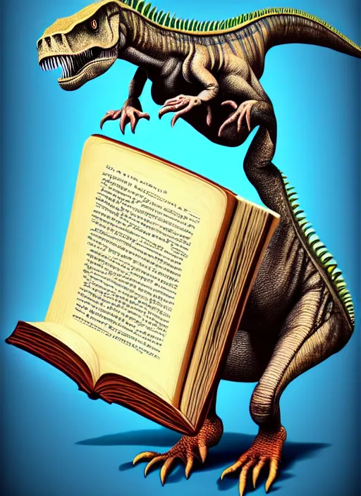 Image similar to dinosaur dancing with a giant book, aesthetic, fine art, intricate, elegant, highly detailed, realistic hair, centered, digital painting, art station, conceptual art, soft, sharp focus, illustration, artwork, salvador dali