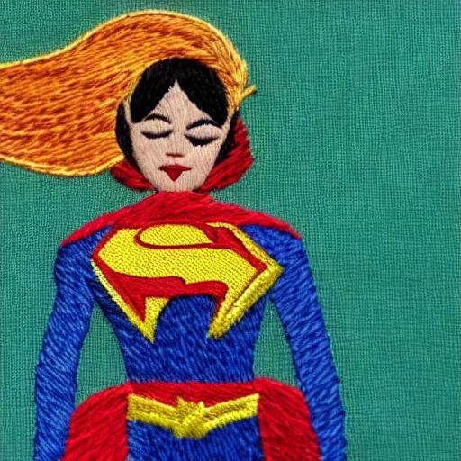 Image similar to a beautiful handmade embroidery of a woman dressed as a superhero. hand embroidery.