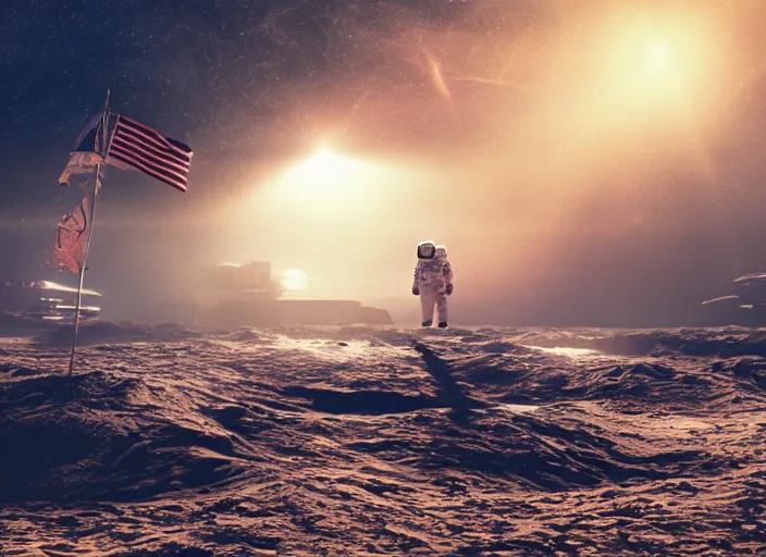 Image similar to astronaut holding a flag in an underwater desert. a submarine is visible in the distance. dark, concept art, cinematic, dramatic, atmospheric, 8 k, trending on artstation, blue, fish, corals, low visibility, light rays, extremely coherent, bubbles, fog, ocean floor, christopher nolan, interstellar