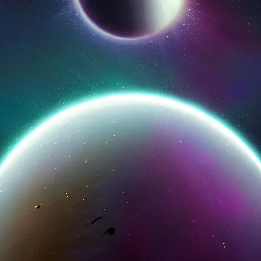 Image similar to a detailed digital painting of a earth - like planet orbiting a large purple sun in space in a sea of stars, by alena aenami, petros afshar and greg rutkowski trending on artstation, deviantart, planet, clouds, earth, exoplanet, stars, nubulae