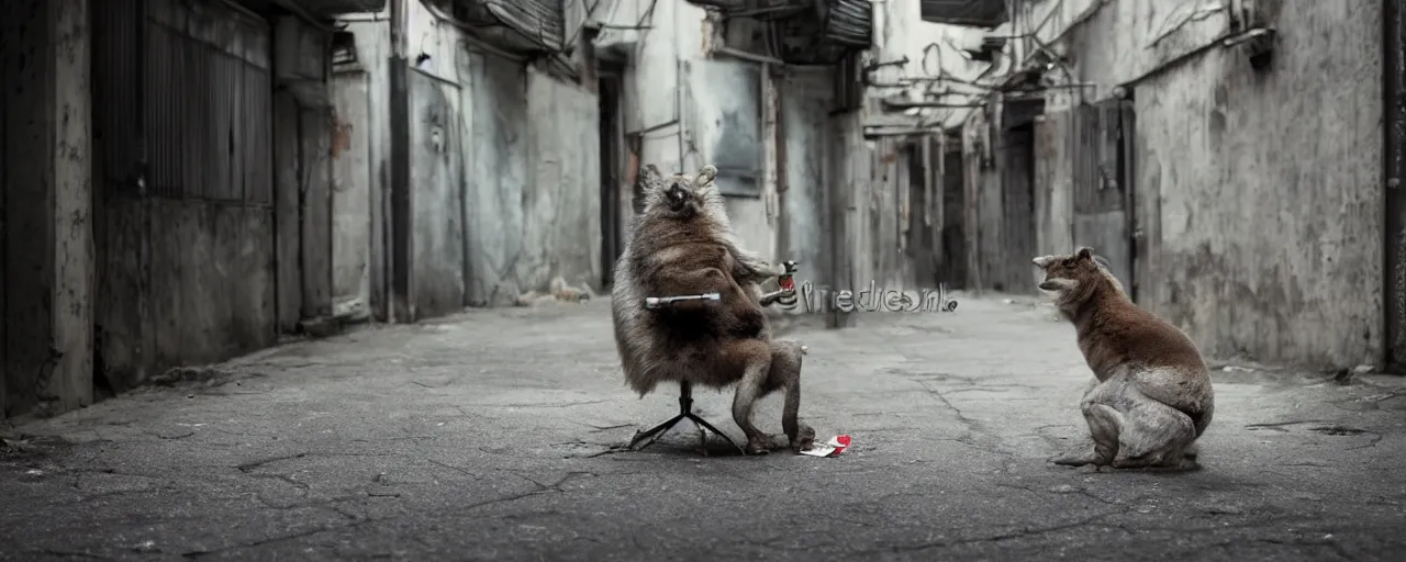 Image similar to a cute animal with a tanktop sitting on a monobloc chair and smoking a cigarette. it is hot. backalley with AC. extreme details, 8K, octance rendering, HDRI