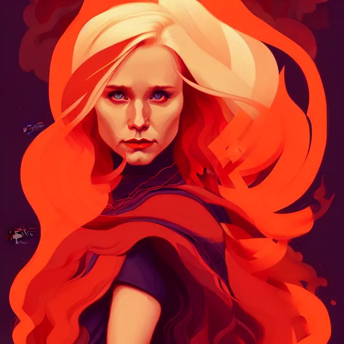 Image similar to style artgerm, joshua middleton, beautiful kristen bell with dark red dress, very long orange hair, symmetrical face, symmetrical eyes, fire powers fire swirling, detailed, volcano setting, cinematic lighting