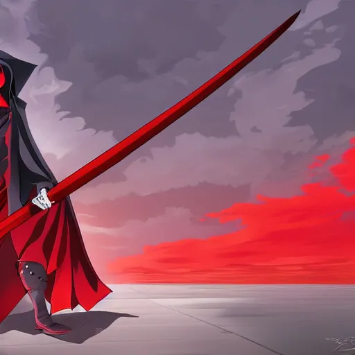 Image similar to red grim reaper holding his scythe in a red thunderstorm, cel shaded, anime art style, highly detailed