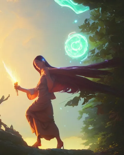 Image similar to highly detailed vfx portrait of a mage casting a earth spell, unreal engine, greg rutkowski, loish, rhads, beeple, makoto shinkai and lois van baarle, ilya kuvshinov, rossdraws, tom bagshaw, alphonse mucha, global illumination, detailed and intricate environment