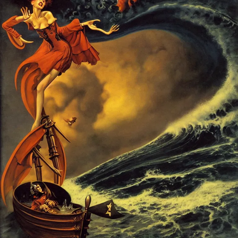 Prompt: a pirate witch summoning a giant wave by remedios varo and art frahm and earl moran and fritz willis and gil elvgren