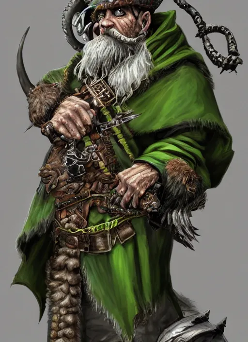 Image similar to a skaven from warhammer fantasy with a gray beard, wearing jewelry, tricorne hat, green robe, mean, dark tones, warlock, d & d, digital art, detailed face, highly detailed, trending on artstation, realistic