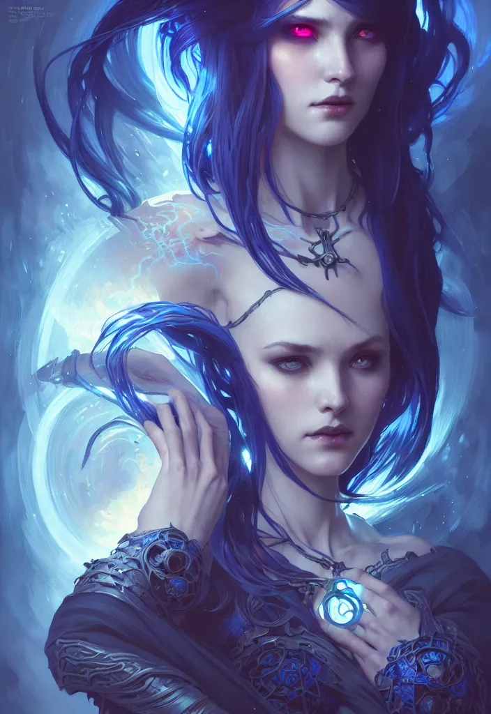 Image similar to Necromancer Sorceress, fantasy magic, undercut blue hairstyle, dark light night, intricate, elegant, sharp focus, illustration, highly detailed, digital painting, concept art, matte, art by WLOP and Artgerm and Greg Rutkowski and Alphonse Mucha, masterpiece