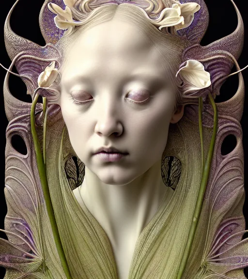 Image similar to beautiful young orchid fairy detailed realistic porcelain face portrait by jean delville, gustave dore, iris van herpen and marco mazzoni, art forms of nature by ernst haeckel, art nouveau, symbolist, visionary, gothic, neo - gothic, pre - raphaelite, fractal lace, intricate alien botanical biodiversity, surreality, hyperdetailed ultrasharp octane render