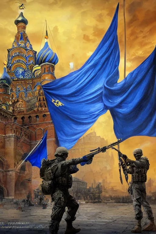 Image similar to special forces soldier installin ukrainian blue and yellow flag on red square kremlin, masculine figure, d & d, fantasy, bright atmosphere, volumetric lights, intricate, elegant, extremely detailed, digital painting, artstation, concept art, matte, smooth, sharp focus, hyper realistic, illustration, art by artgerm and greg rutkowski and alphonse mucha