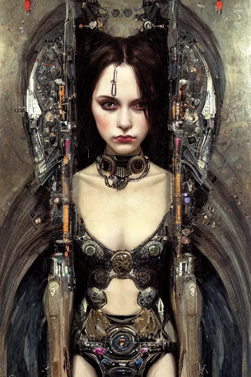 Image similar to portrait of beautiful young gothic maiden, cyberpunk, Warhammer, highly detailed, artstation, illustration, art by Gustav Klimt