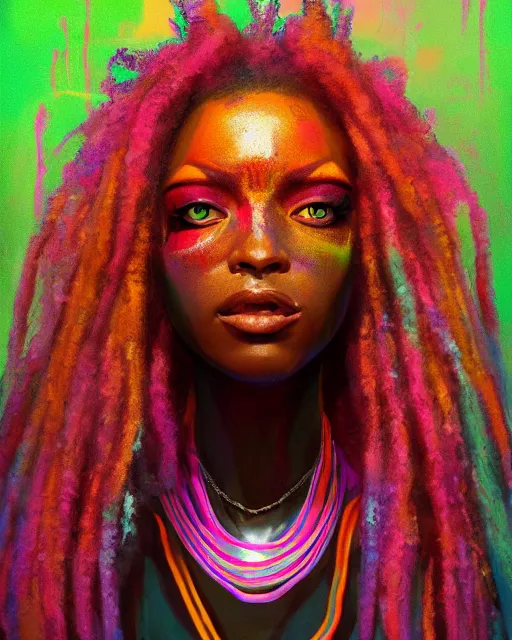Image similar to colorful character portrait of a black female hippie, set in the future 2 1 5 0 | highly detailed face | very intricate | symmetrical | cinematic lighting | award - winning | painted by mandy jurgens | pan futurism, dystopian, bold colors, cyberpunk, groovy vibe, anime aesthestic | featured on artstation