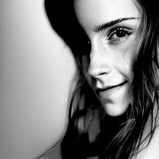 Prompt: Emma Watson closeup of face shoulders and very long hair hair pouting and grinning Vogue fashion shoot by Peter Lindbergh fashion poses detailed professional studio lighting dramatic shadows professional photograph by Cecil Beaton, Lee Miller, Irving Penn, David Bailey, Corinne Day, Patrick Demarchelier, Nick Knight, Herb Ritts, Mario Testino, Tim Walker, Bruce Weber, Edward Steichen, Albert Watson