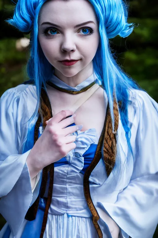 Prompt: Cosplay photography of Anya Taylor Joy as Cirno from Touhou