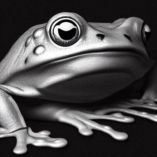 Image similar to sad humanoid frog holding his head in front of a computer screen in a dingy dark room at night. realistic digital art.