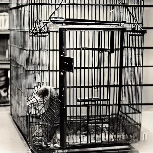 Image similar to nosferatu in a small cage at a pet store, for sale, surrounded by caged animals, detailed photograph