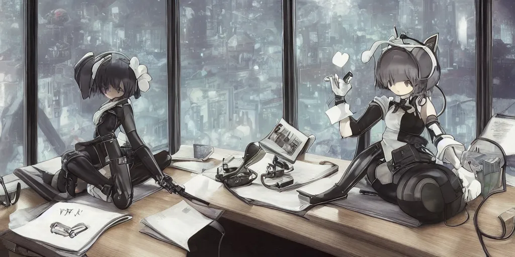 Prompt: 2b from nier automata wearing a headset with cat ears, focused on her homework inside a white church, tinted window in the background, robot cat pet sleeping on the desk, highly detailed, miyazaki ghibli style illustration, imaginary slice of life