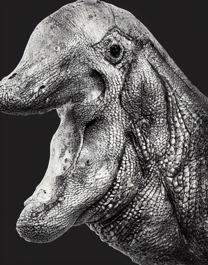 Image similar to portrait on black background of muscular animal human merged head dolphin skin, scales, merged with monkey head, hippo face morphed, gills, horse head animal merge, morphing dog head, merging crocodile head, anthropomorphic creature