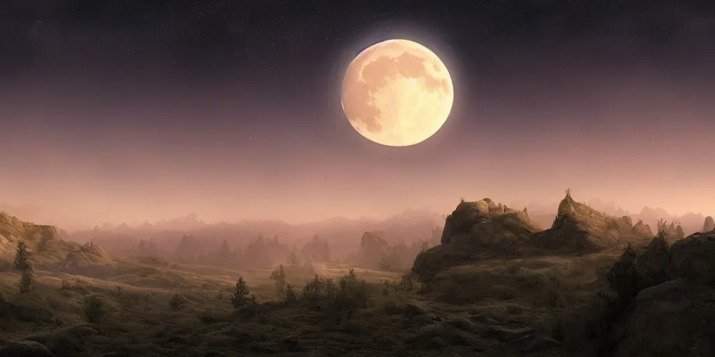 Prompt: a beautiful landscape at dusk, big moon and stars in the sky, matte painting, concept art, 4k