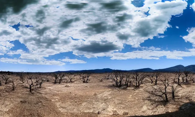 Prompt: beautiful panorama of many magnificent big upside-down raindrops in a perfect cloudless blue sky above a dried up river, desolate land, dead trees, blue sky, hot and sunny highly-detailed, elegant, dramatic lighting, artstation, 4k, cinematic landscape, masterpiece photograph by Elisabeth Gadd