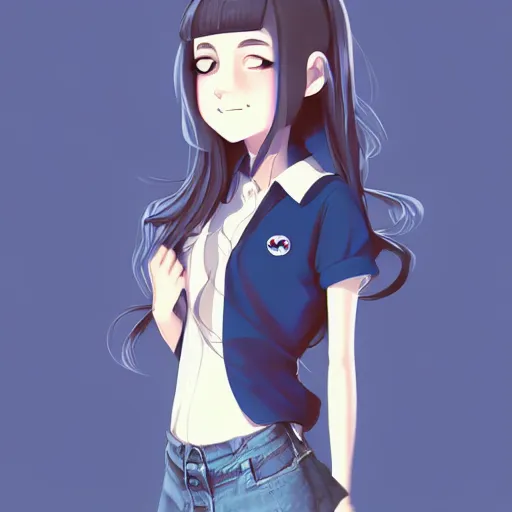 Image similar to urban school girl in shirt fanart, dark blue long hair, muted colors, matte print, pastel colors, ornate, digital art, cute smile, digital painting, fan art, elegant, pixiv, by Ilya Kuvshinov, by Studio Ghibli