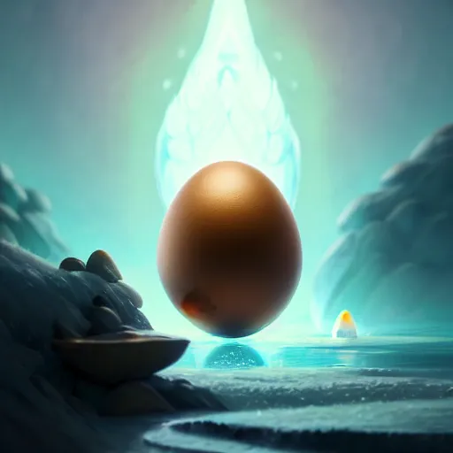 Prompt: magic frost and ice phoenix egg, rock and sand around, peter mohrbacher style, ray tracing, cinematic, digital art, realistic, wallpaper size, octane render