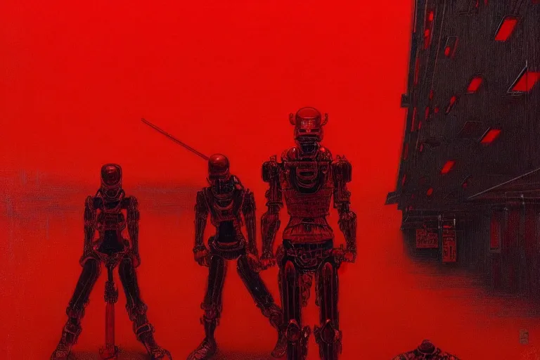 Image similar to only with red, a red cyborg samurai, tokio futuristic in background, some evil yokai, in the style of beksinski, parts by edward hopper, parts by rodcenko, parts by yue minjun, intricate and epic composition, red by caravaggio, insanely quality, highly detailed, masterpiece, red light, artstation, 4 k