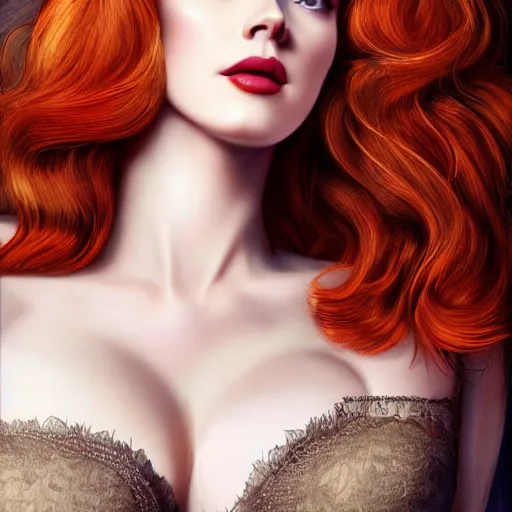 Image similar to photo of a gorgeous christina hendricks amber heard hybrid in the style of stefan kostic, realistic, professionally, professionally color graded, half body shot, victoria's secret, sharp focus, 8 k high definition, insanely detailed, intricate, elegant, art by stanley lau and artgerm