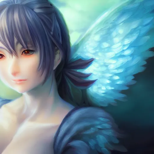 Image similar to an oil painting of a beautiful anime girl with angel wings, by artgerm, hd, hdr, ue 5, ue 6, unreal engine 5, cinematic 4 k wallpaper, 8 k, ultra detailed, high resolution, artstation, award winning