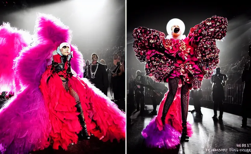 Image similar to IMG_975.raw, lady gaga ,beautiful composition, alexander mcqueen, colourful , 50mm f1.8, ambient light, tmz