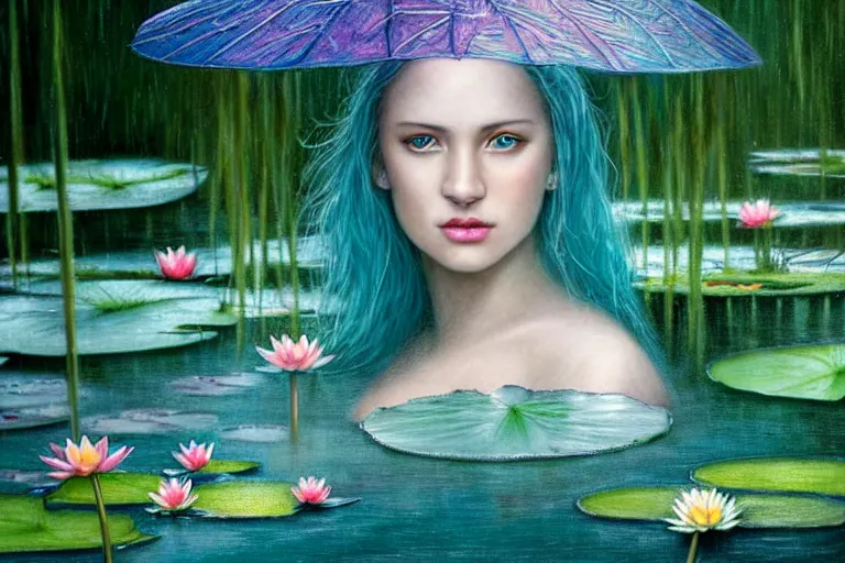 Image similar to light teal portrait in the rain on pond with waterlilies, fantasy, intricate, elegant, dramatic lighting, emotionally evoking symbolic metaphor, highly detailed, lifelike, photorealistic, digital painting, artstation, concept art, smooth, sharp focus, illustration, art by John Collier and Albert Aublet and Krenz Cushart and Artem Demura and Alphonse Mucha