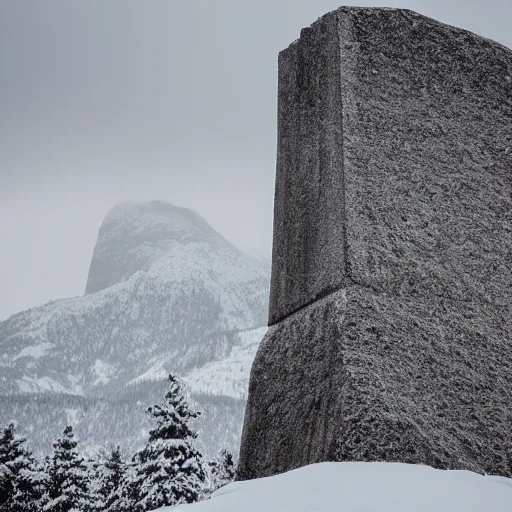 Image similar to a monolithic obelisk temple next to a snowcapped mountain. snowing, overcast sky, grainy.