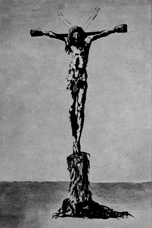 Prompt: bloody christ crucified and huge ufo in the sky painted by cy twombly and andy warhol