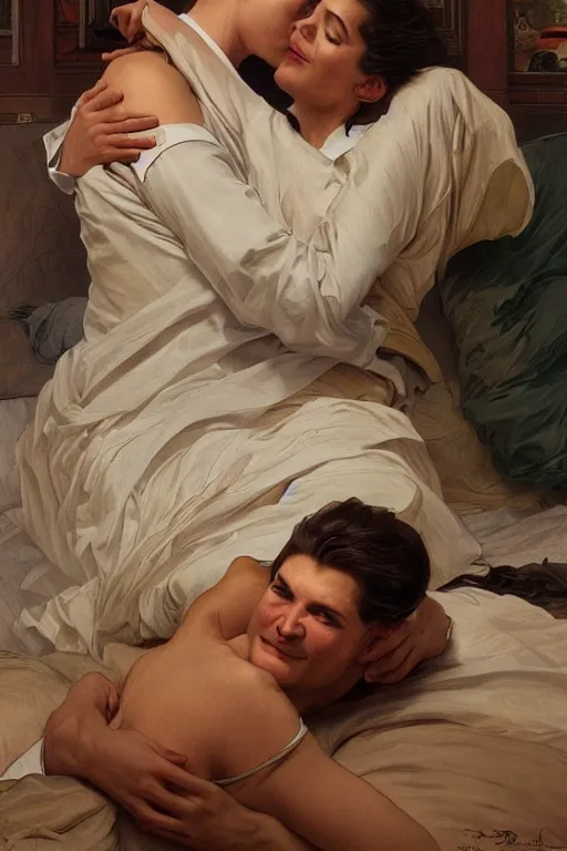 Image similar to portrait of a man in dhl uniform hugging his wife in a bed, feelings, romantic, fantasy, intricate, elegant, highly detailed, digital painting, artstation, concept art, smooth, sharp focus, illustration, art by artgerm and greg rutkowski and alphonse mucha