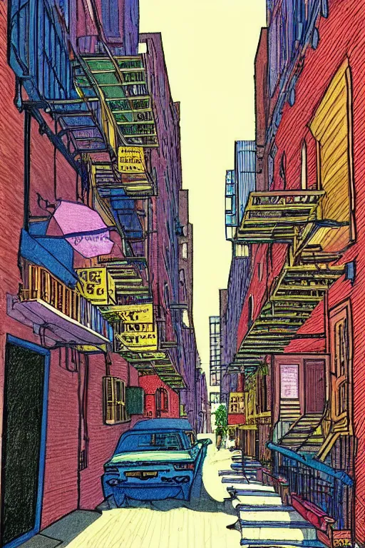 Image similar to a 2D drawing of an alley in New York in 1980s, colorful and beautiful by hiroshi yoshida