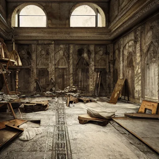 Prompt: inside a an abandoned marble sculpture workshop from the 1 8 0 0 s found in italy, artgerm, yoshitaka amano, gothic interior, 8 k, octane render, unreal engine