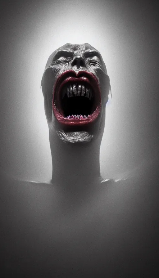 Prompt: a creepy magazine editorial hassleblad octane render cinema 4 d vampire god in black robes ultra realistic close up face shot of the shadow eater ghost with his demonic mouth wide open volumetric lighting moody lighting god rays misty award winning top light