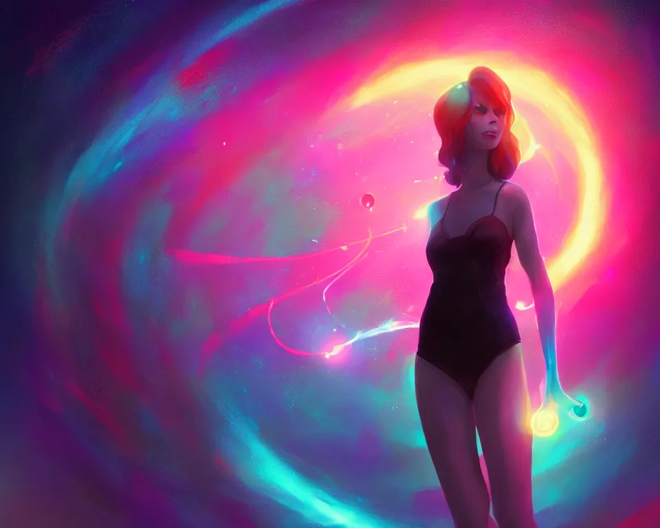 Image similar to a beautiful whimsical woman standing under a multi-colored binary blackhole with an accretion disc, casting magic, glowing trails following her arms, digital art, by Lois van Baarle, by Greg Rutkowski, by artgerm, by beeple, cinematic angle, volumetric lighting, 4k resolution, octane render, trending on artstation, masterpiece