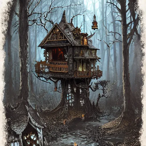 Image similar to dilapidated broken baba yagas steampunk treehouse, tucked within the witchwood forest, evil fairies, overgrown, detailed intricate ink illustration, dark atmosphere, detailed illustration, hd, 4k, digital art, overdetailed art, concept art, by greg rutkowski, by loish, complementing colors, Trending on artstation, deviantart