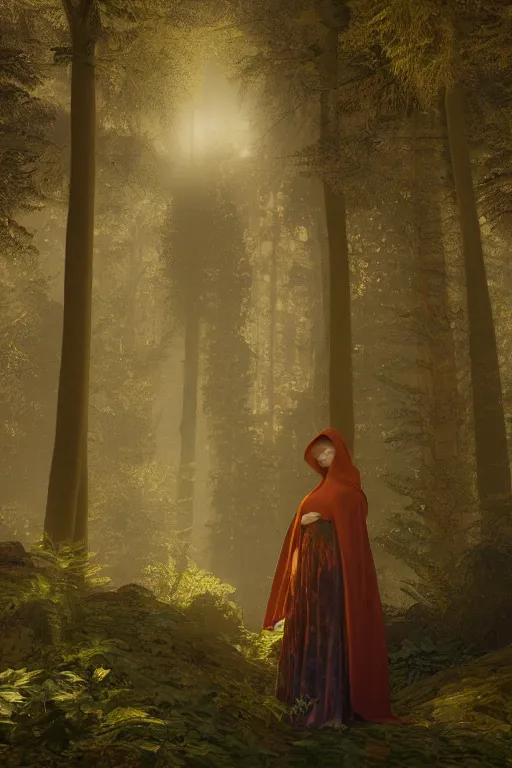 Prompt: portrait of a woman in a hooded cloak in a forest clearing at twilight| richly embroidered velvet| lush foliage | dramatic atmospheric lighting | Evelyn De Morgan and Maxfield Parrish |featured on Artstation |unreal engine