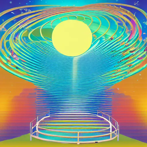 Image similar to miracle musical Hawaii part ii album cover, showing an ocean in the background, spiral transparent stairs on the left, a slight rainbow in the background, white outline border, moon in the right top area
